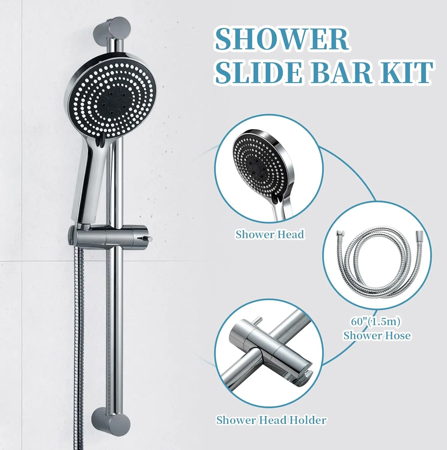 OFFO Shower Slide Bar Combo, Adjustable 33-inch Slide Bar with 6-Mode High Pressure Handheld Shower Head and 60-inch Stainless Steel Hose, Screw Wall Mounted, Chrome