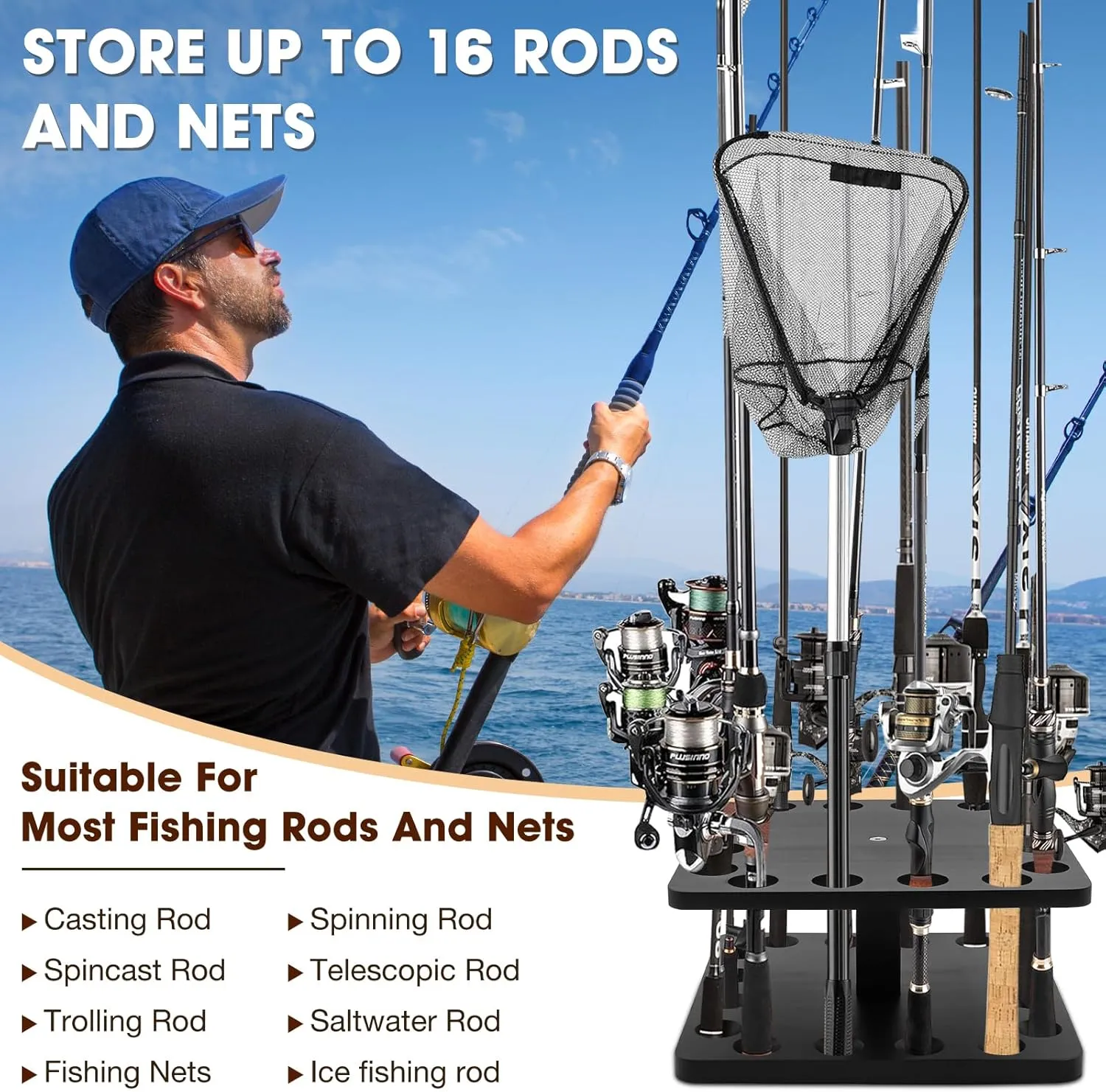 okkoCoin Fishing Rod Holders for Garage,Fishing Pole Holders, Wooden Floor Stand Holds Up to 16 rods, Fishing Gear Equipment Storage Organizer, Fishing Gifts for Men(Black)