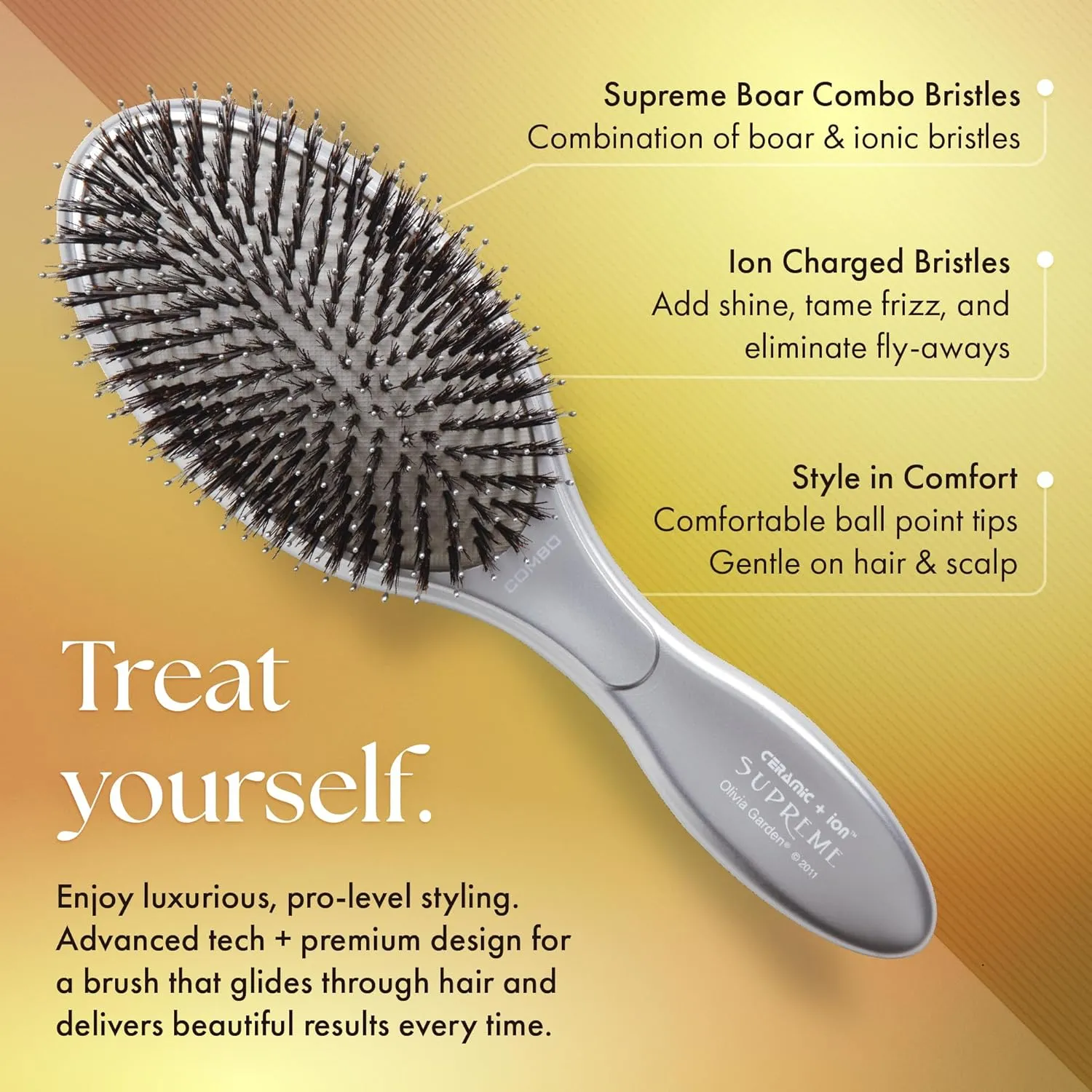 Olivia Garden Ceramic   Ion Supreme Styler Cushion Paddle Brush - Boar & Ionic for Shine, Frizz Control & Smoother Hair