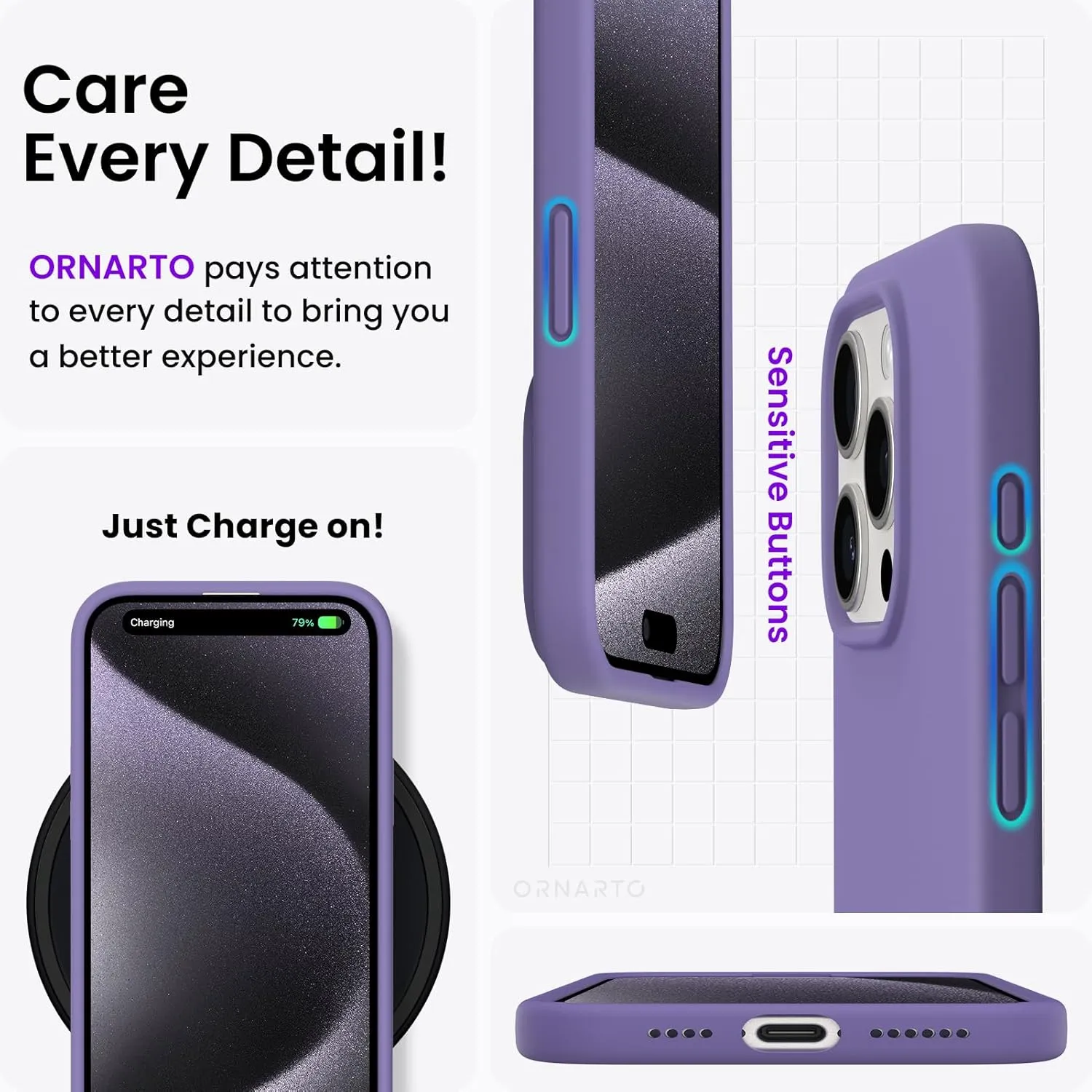 ORNARTO Compatible with iPhone 15 Pro Max Case 6.7", Slim Liquid Silicone 3 Layers Soft Gel Rubber Shockproof Protective Phone Case with Anti-Scratch Microfiber Lining-Amethyst