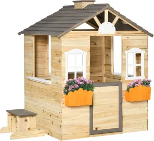 Outsunny Wooden Playhouse for Kids Outdoor Garden Pretend Play Games, Adventures Cottage, with Working Door, Windows, Bench, Service Station, Flowers Pot Holder, for 3-7 Years Old