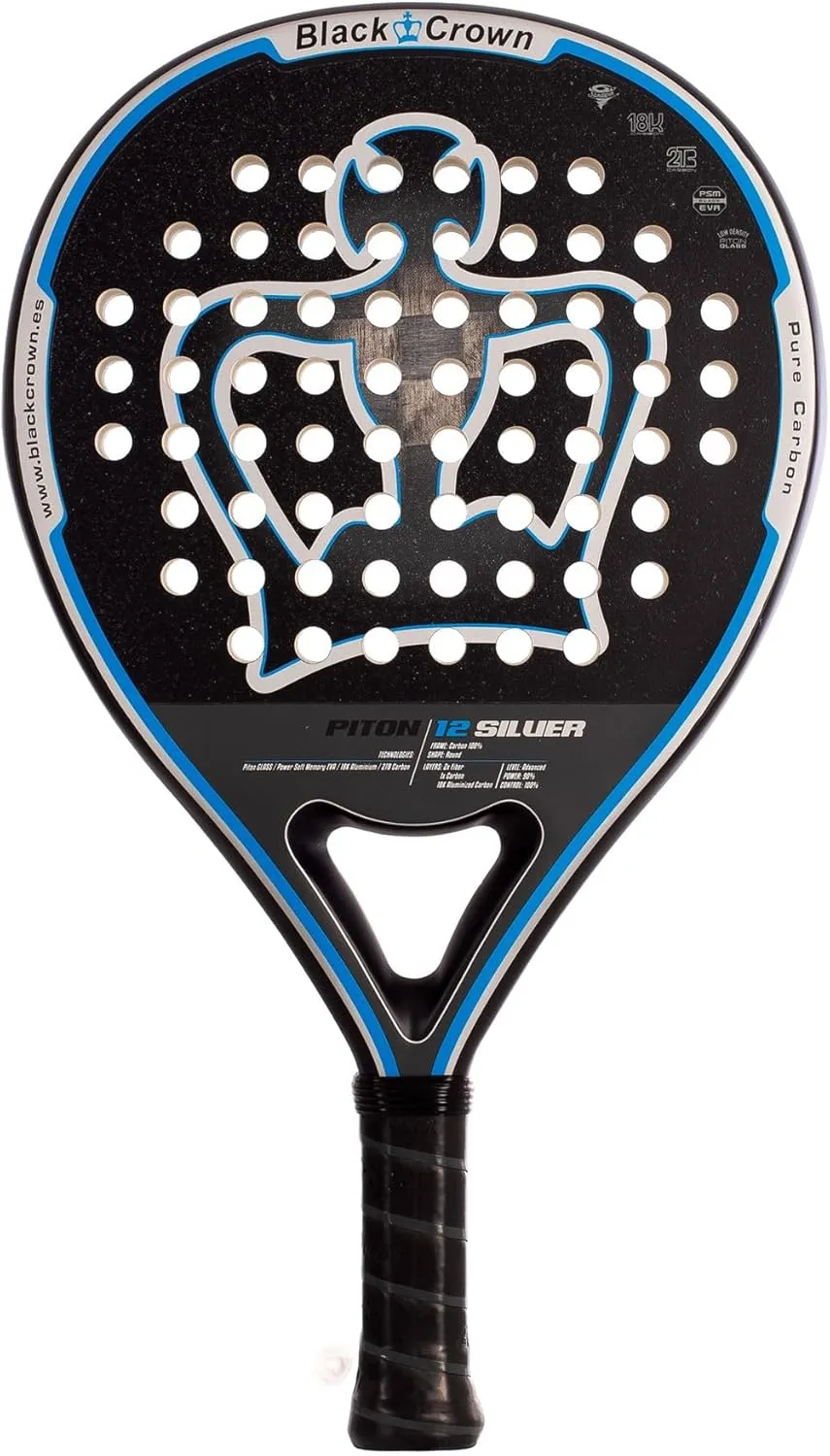 Paddle Racket Piton 12 Silver - Round Shape - Control and Power - Weight 355 to 370 g - Frame 38 mm with Double Tubular Carbon Fiber 80% - Resistant - Professional Level