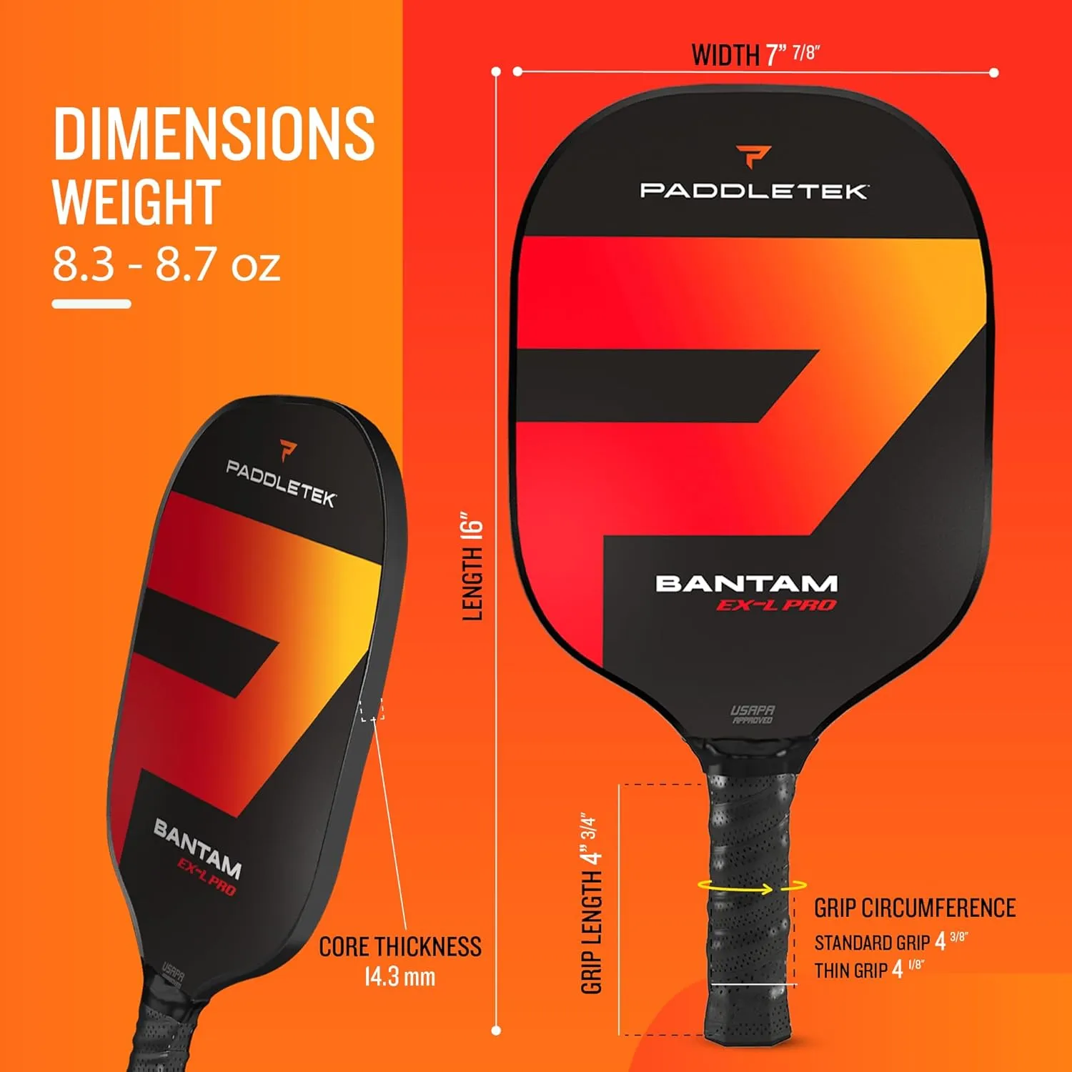 Paddletek Bantam EX-L Pro Pickleball Paddle | Professional Pickleball Paddles with Honeycomb Core, Velvet Textured Polycarbonate Surface, Bantam SRT Core & High Tack Performance Grip | USAPA Approved