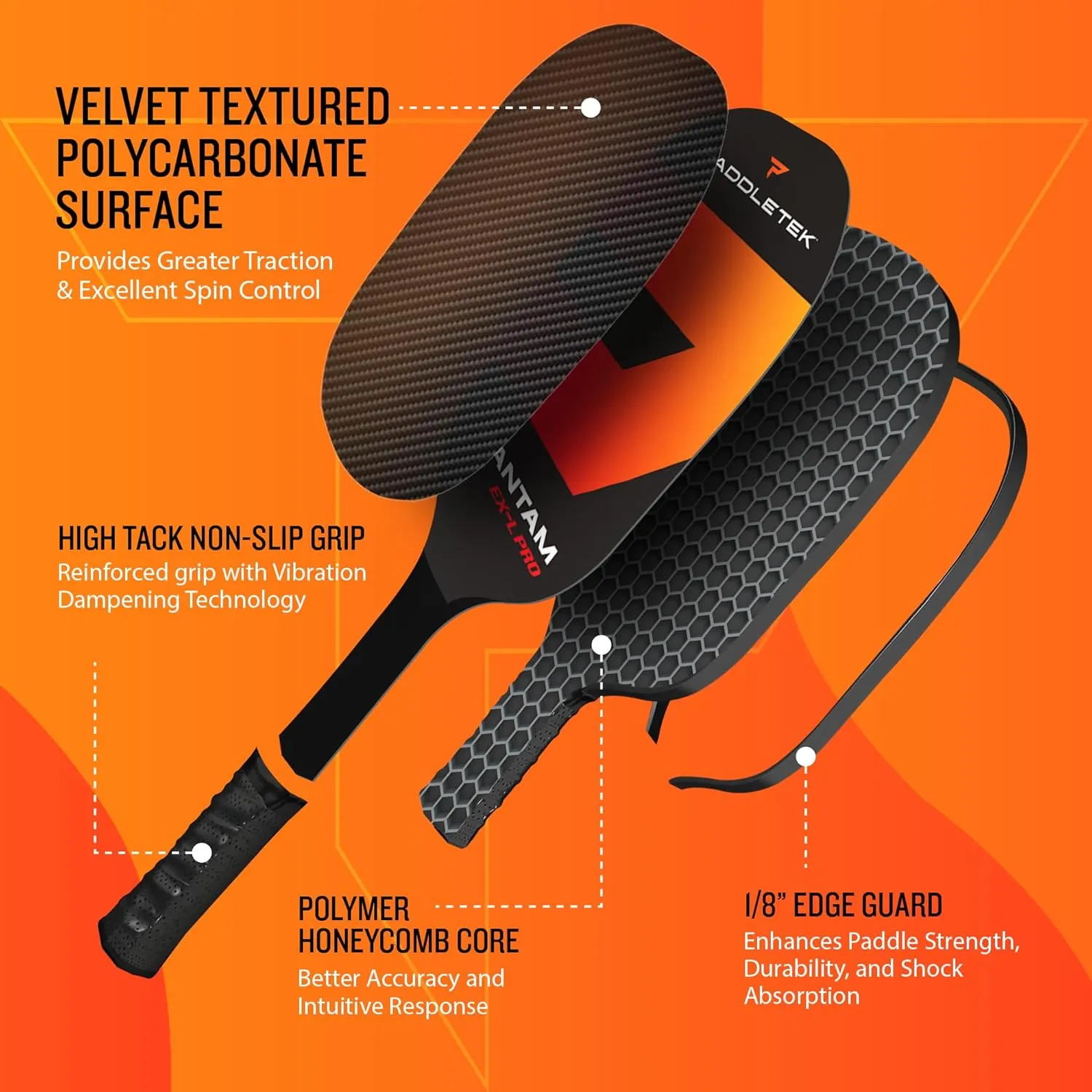 Paddletek Bantam EX-L Pro Pickleball Paddle | Professional Pickleball Paddles with Honeycomb Core, Velvet Textured Polycarbonate Surface, Bantam SRT Core & High Tack Performance Grip | USAPA Approved