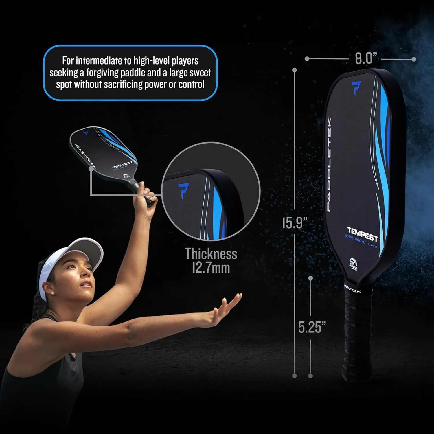 Paddletek Tempest Wave PRO-C 14.3mm - USAPA Approved Pickleball Paddles with Polymer Honeycomb Core - PT-700 Unidirectional Carbon Fiber – Torsional Weighting & High Tack Performance Grip