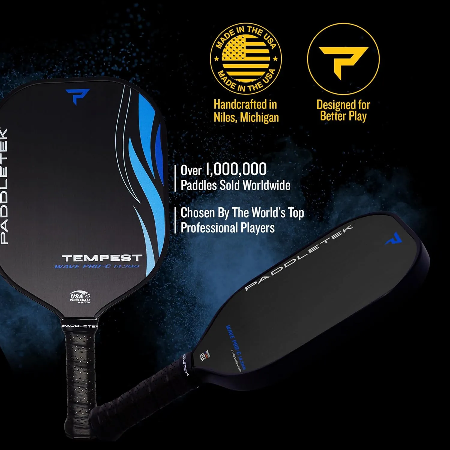 Paddletek Tempest Wave PRO-C 14.3mm - USAPA Approved Pickleball Paddles with Polymer Honeycomb Core - PT-700 Unidirectional Carbon Fiber – Torsional Weighting & High Tack Performance Grip