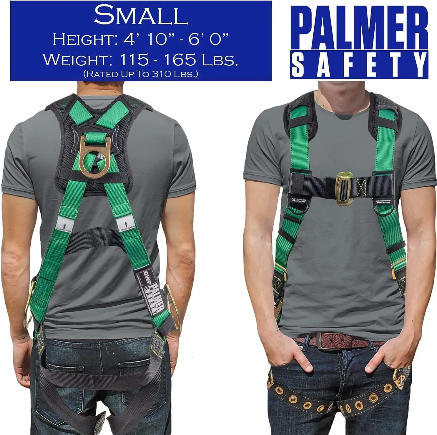Palmer Safety Full Body Harness with 5 Point Adjustment, Dorsal D-ring, Grommet Legs, Two Side D Rings, and Fall Indicators