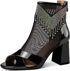 Patent Leather & Mesh Peep Toe Handmade Zipper Chunky Heels Women's Summer Boots with Tassels