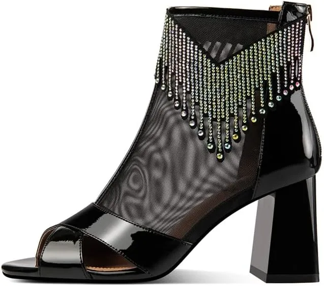 Patent Leather & Mesh Peep Toe Handmade Zipper Chunky Heels Women's Summer Boots with Tassels