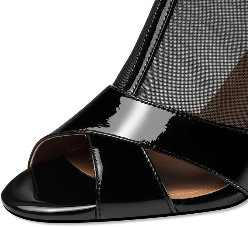 Patent Leather & Mesh Peep Toe Handmade Zipper Chunky Heels Women's Summer Boots with Tassels