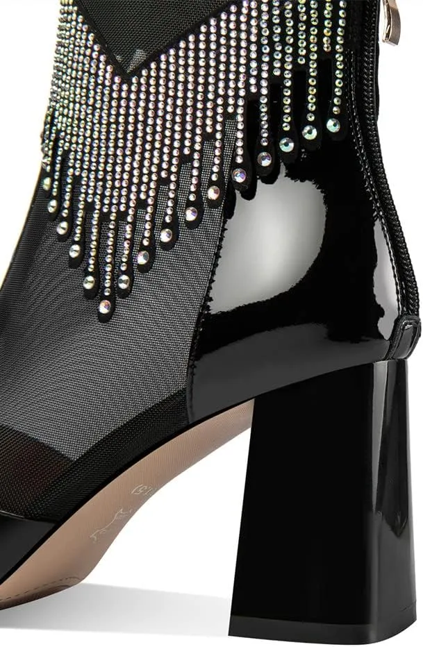 Patent Leather & Mesh Peep Toe Handmade Zipper Chunky Heels Women's Summer Boots with Tassels