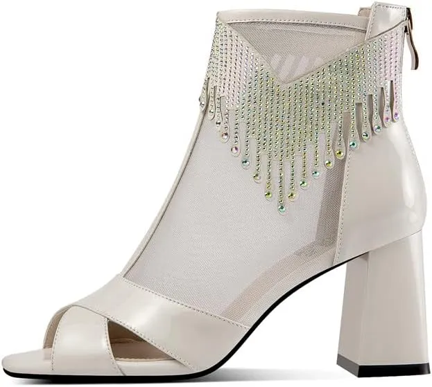 Patent Leather & Mesh Peep Toe Handmade Zipper Chunky Heels Women's Summer Boots with Tassels