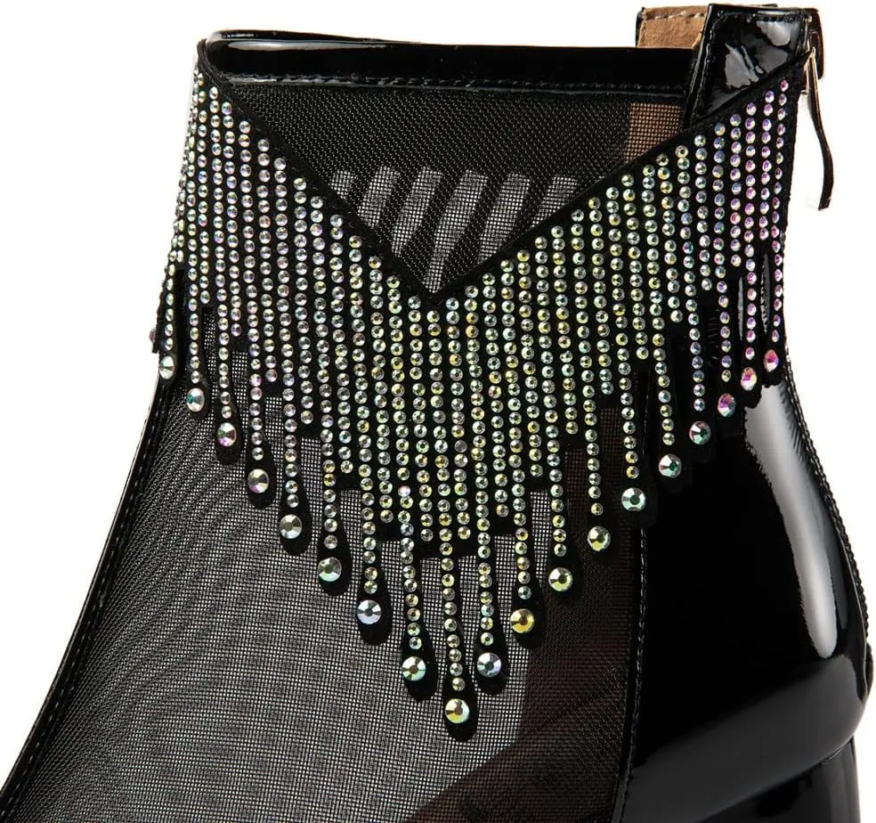 Patent Leather & Mesh Peep Toe Handmade Zipper Chunky Heels Women's Summer Boots with Tassels