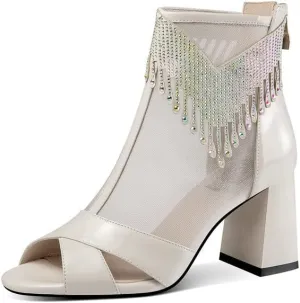 Patent Leather & Mesh Peep Toe Handmade Zipper Chunky Heels Women's Summer Boots with Tassels