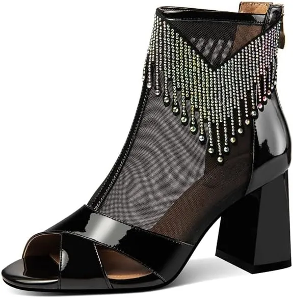 Patent Leather & Mesh Peep Toe Handmade Zipper Chunky Heels Women's Summer Boots with Tassels