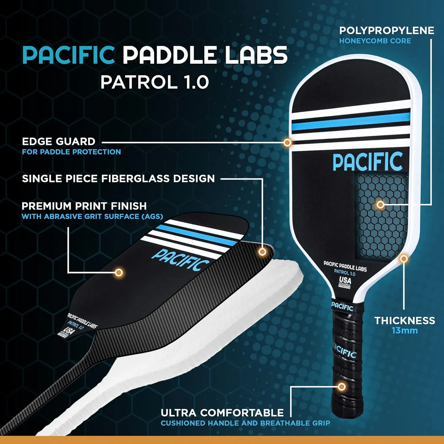 Patrol 1.0 Pickleball Paddle, Fiberglass, 13MM, USAPA Approved Pickleball Racket, Carbon Abrasive Grit Texture, Max Spin, Comfort Grip, Polypropylene Core
