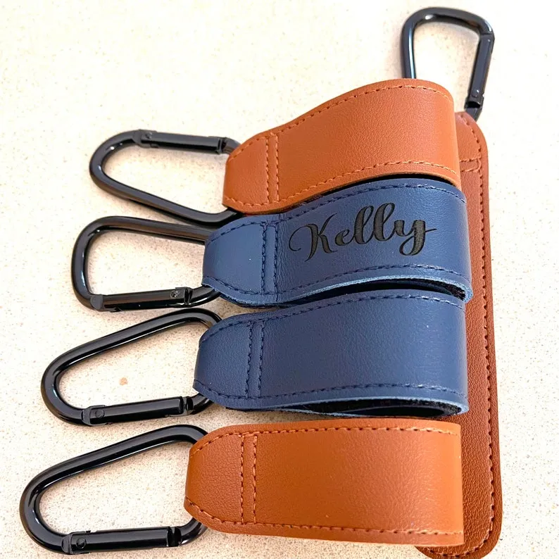 Personalised Leather Pram Hook, Baby Stroller Hook, Portable Cart Hook With Alloy Metal Buckle