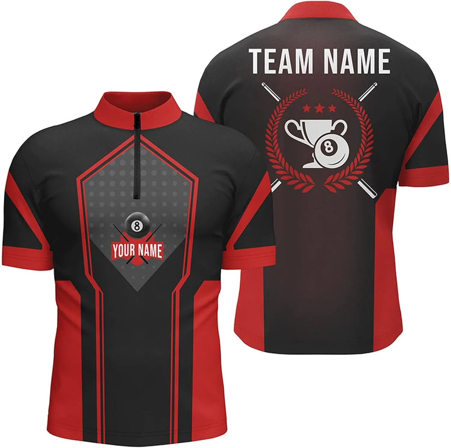 Personalized Billiard Jerseys, Billiard Shirts for Men, Personalized Red Black 8 Ball Pool Quarter-Zip