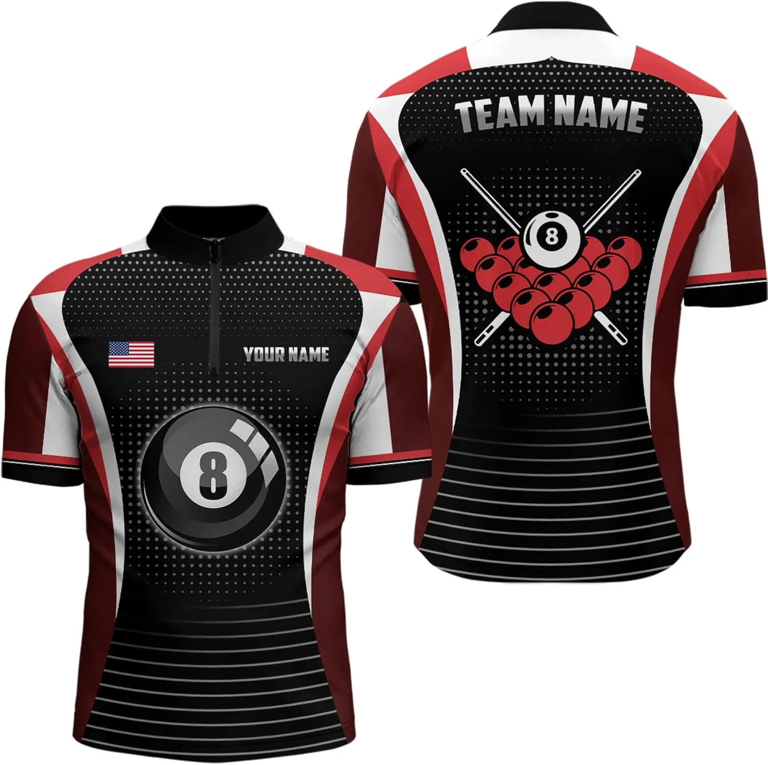 Personalized Billiard Jerseys, Billiard Shirts for Men, Personalized Red Black 8 Ball Pool Quarter-Zip