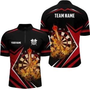 Personalized Dart Jerseys for Men, Dart Shirt, Black Red Flame Darts Quarter Zip Shirt Custom Darts Shirt
