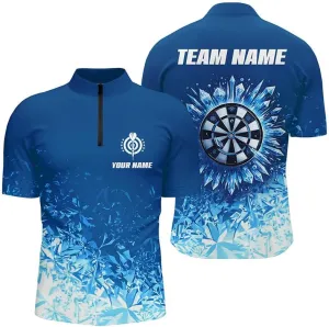 Personalized Dart Jerseys for Men, Dart Shirt, Blue Ice Dartboard Custom Darts Quarter Zip Shirt Cool Dart