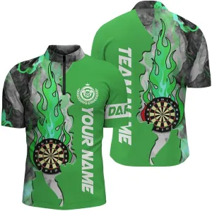 Personalized Dart Jerseys for Men, Dart Shirt, Grunge Green Camo Skull American Flag Darts Quarter Zip