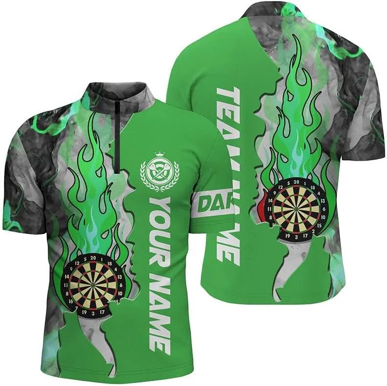 Personalized Dart Jerseys for Men, Dart Shirt, Grunge Green Camo Skull American Flag Darts Quarter Zip