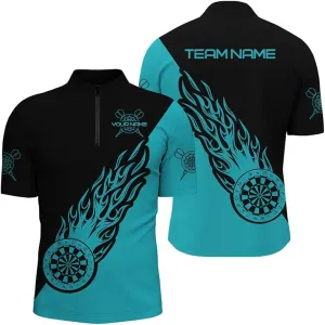 Personalized Dart Jerseys for Men, Dart Shirt, Personalized Turquoise Black Flame Darts Quarter-Zip Shirt