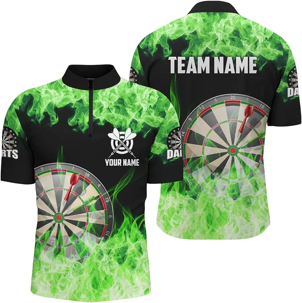 Personalized Dart Jerseys for Men, Dart Shirt, Personalized Turquoise Black Flame Darts Quarter-Zip Shirt