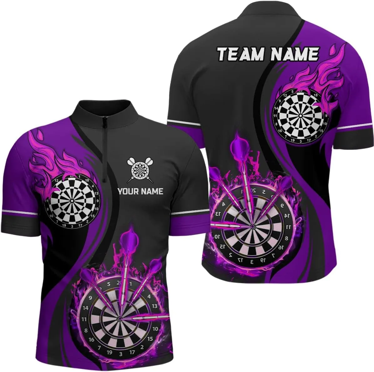 Personalized Dart Jerseys for Men, Dart Shirt, Purple Flame Mens Darts Quarter Zip Shirt Custom Dart Shirt
