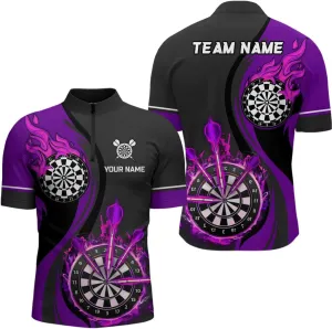 Personalized Dart Jerseys for Men, Dart Shirt, Purple Flame Mens Darts Quarter Zip Shirt Custom Dart Shirt