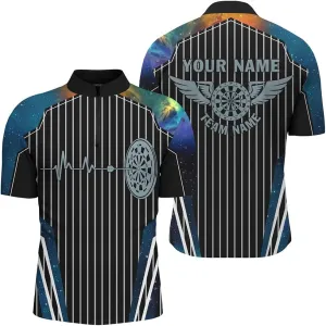 Personalized Dart Jerseys for Men, Dart Shirts for Men, Blue Galaxy Dartboard Pulse Heartbeat Custom Men
