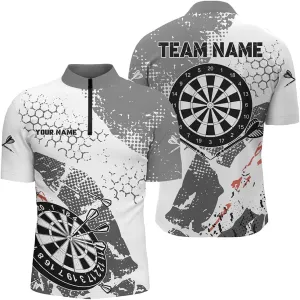 Personalized Dart Jerseys for Men, Dart Shirts for Men, Retro Grey White Pattern Custom Darts Quarter-Zip