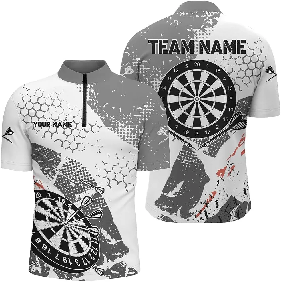 Personalized Dart Jerseys for Men, Dart Shirts for Men, Retro Grey White Pattern Custom Darts Quarter-Zip