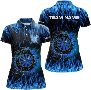 Personalized Darts Shirts for Women, Short Sleeve Dart Shirt for Girls, Black Orange Flame Polo Team