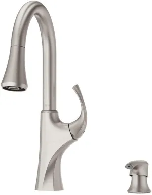 Pfister Miri Kitchen Faucet with Pull Down Sprayer and Soap Dispenser, Single Handle, High Arc, Spot Defense Stainless Steel Finish, F5297MRGS