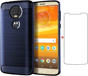 Phone Case for Moto E5 Plus E 5 Supra with Tempered Glass Screen Protector Cover Cell Accessories Slim Thin TPU Silicone Rubber Motorola E5  MotoE5plus 5E 5th Generation E5plus Cases Women Men Blue