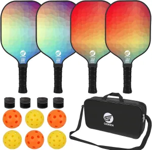 Pickleball Paddles Set of 4, USAPA Approved Carbon Fiber Pickle Ball Paddle (CHS), Polypropylene Honeycomb Core, Anti Slip Sweat Absorbing Grip, 4 Replacement Soft Grip, 6 Pickleball, Bag