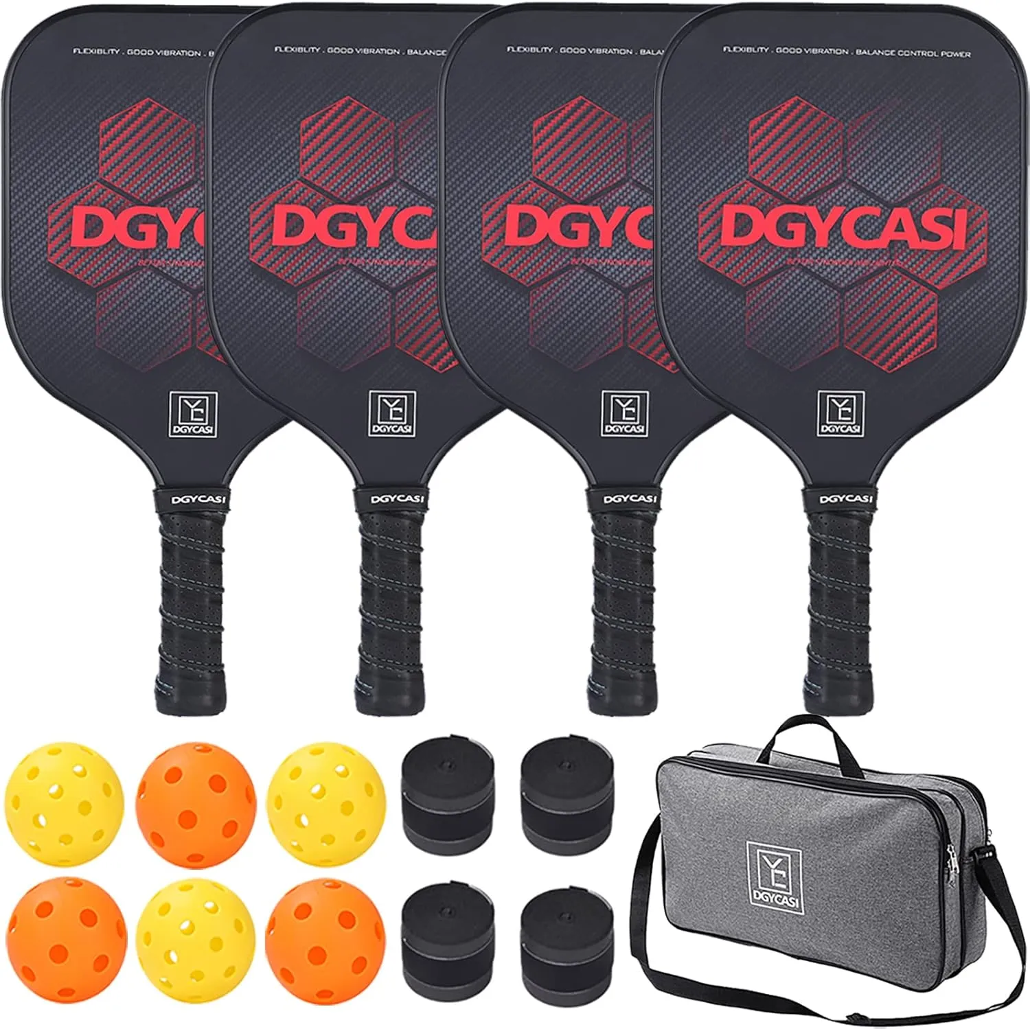 Pickleball Paddles Set of 4, USAPA Approved Pickleball Set, Fiberglass Pickle Ball Rackets, 3 Outdoor Pickleball, 3 Indoor Pickleball Balls, 4 Pickleball Overgrip, 1 Pickleball Bag for Women and Men