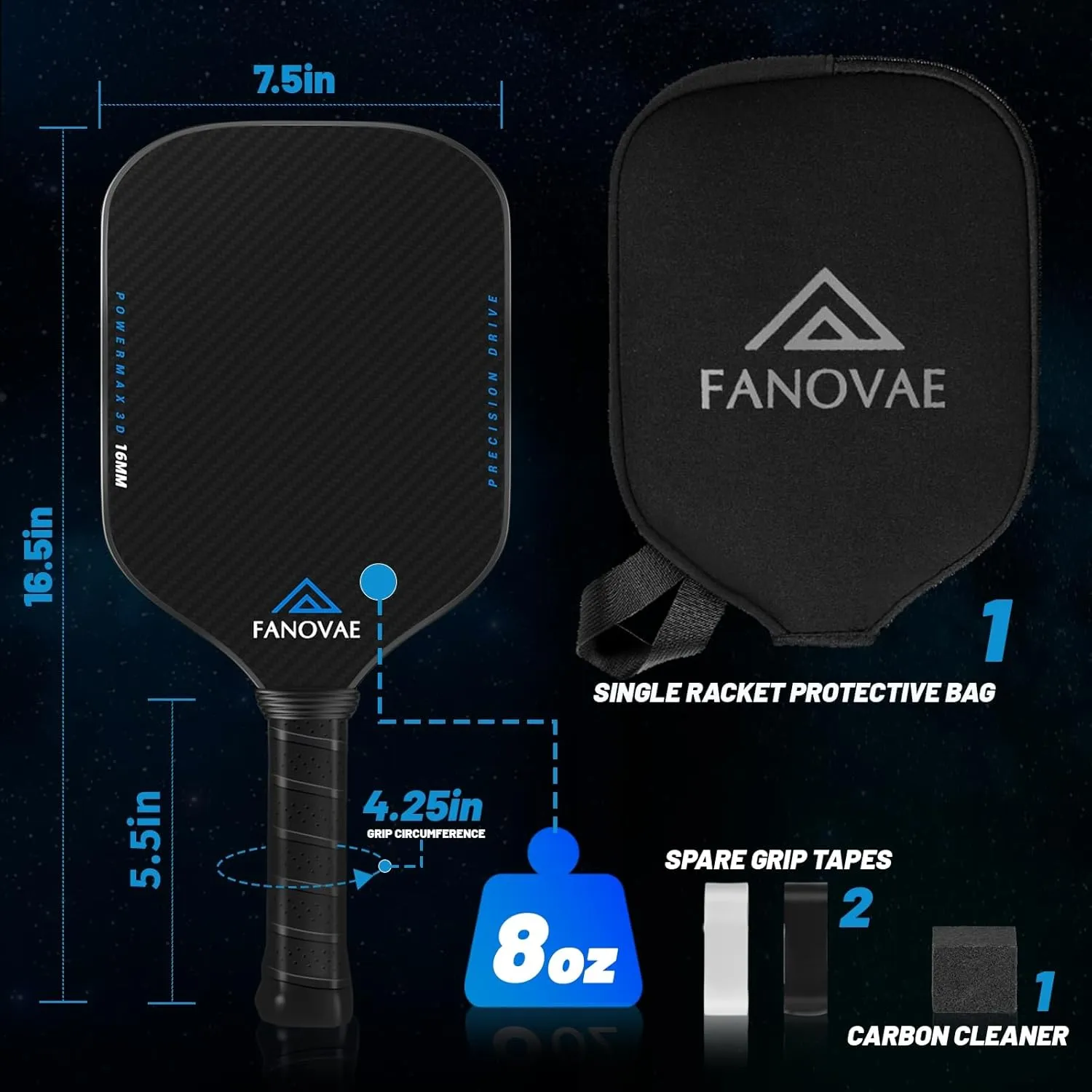 Pickleball Paddles, USAPA Approved Carbon Fiber/Fiberglass Surface Pickleball Set of 2/1 with Bag/Cover, Pickle Ball Paddle Set ​for Men Women