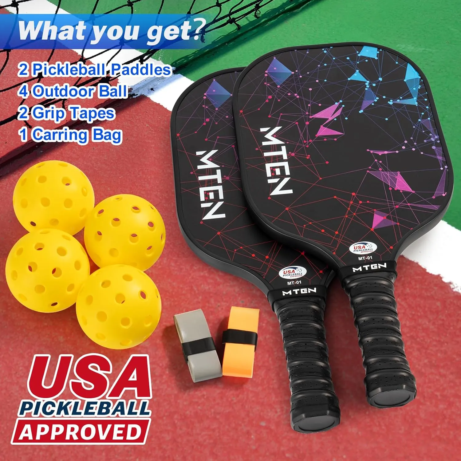Pickleball Paddles, USAPA Approved Fiberglass Surface Pickleball Set with Pickleball Rackets, Pickleball Paddles Set ​for Men Women