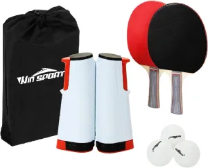 Ping Pong Net Table Tennis - Win SPORTS Paddle Set with Retractable Net,Play Anywhere Ping Pong Net for Any Table,2 Table Tennis Paddle& Rackets,3 Balls,Storage Case,Set with Retractable Table Tennis Net