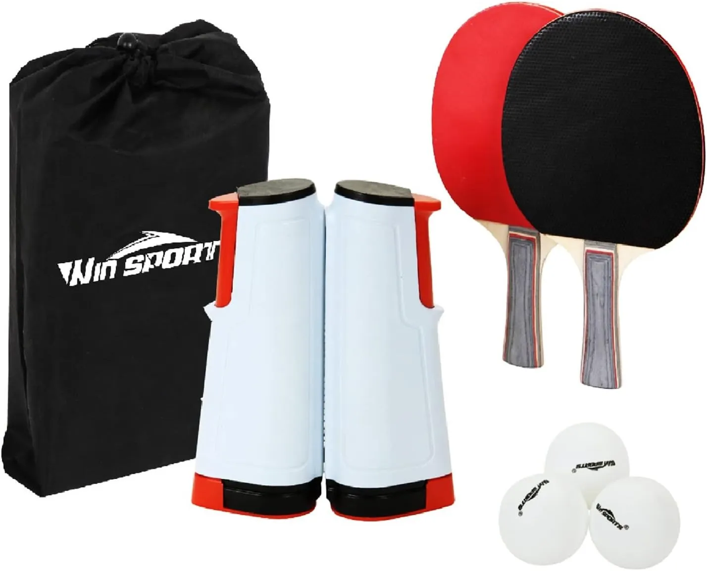 Ping Pong Net Table Tennis - Win SPORTS Paddle Set with Retractable Net,Play Anywhere Ping Pong Net for Any Table,2 Table Tennis Paddle& Rackets,3 Balls,Storage Case,Set with Retractable Table Tennis Net