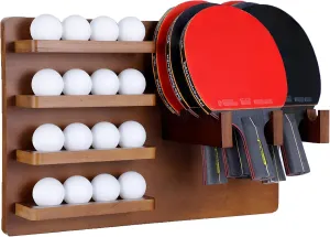 Ping Pong Paddle Holder, Wall-Mounted Table Tennis Paddle Holder,4-Tier Ping Pong Paddle Storage for 16 Balls and 6 Paddles, Ping Pong Organizer for Game Room, Office Room Bamboo Wood, Walnut Color,