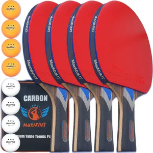 Ping Pong Paddle Set of 4 - Carbon Fiber 7 Ply Rackets - 2 Wristbands - 8 Balls - 1 Rubber Cleaner Sponge - Premium ITTF Approved Rubber - Complete 4 Player Table Tennis Setup - Carry Case