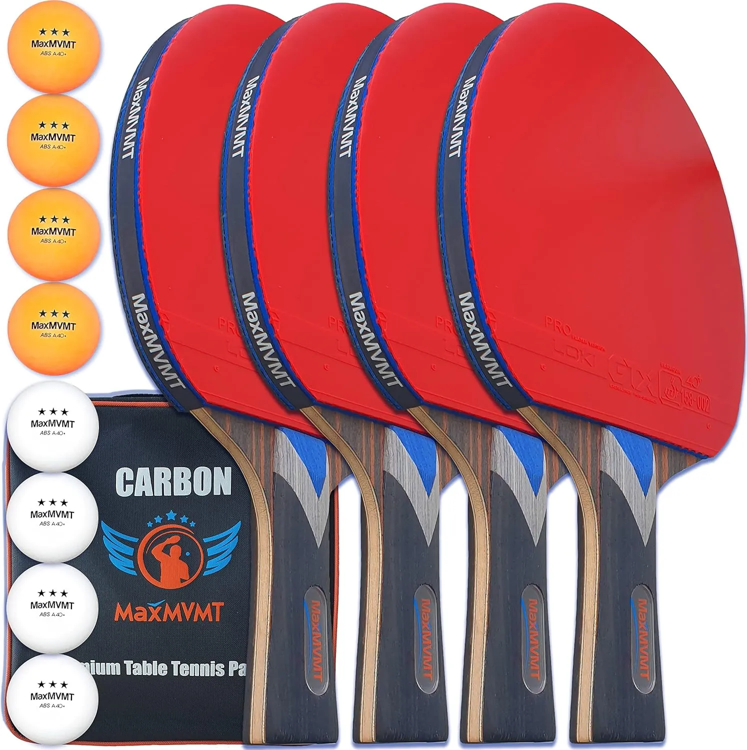 Ping Pong Paddle Set of 4 - Carbon Fiber 7 Ply Rackets - 2 Wristbands - 8 Balls - 1 Rubber Cleaner Sponge - Premium ITTF Approved Rubber - Complete 4 Player Table Tennis Setup - Carry Case