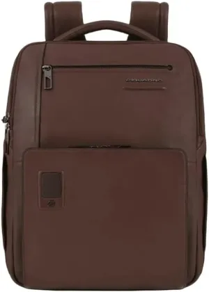 PIQUADRO Akron 15.6" Flat Leather Backpack with Two Compartments and RFID Shielding, dark brown (di moro), 31 x 40 x 15 cm, Business