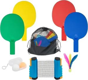 Plastic Portable Ping Pong Paddles Set of 4 Table Tennis Paddles with Retractable Ping Pong Net - 2 Ping Pong Balls with 1 Birdie. Perfect for Office, Lawn, and Beach Games for Adults and Families.