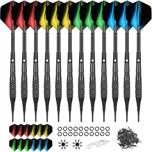 Plastic Tip Darts - Soft Tip Darts Set with Premium Aluminum Shafts - 12 Pcs 18 Gram with 100 Extra Dart Tips,24 Flights, 16 Flight Protectors and Wrench, for Electronic Dart Board