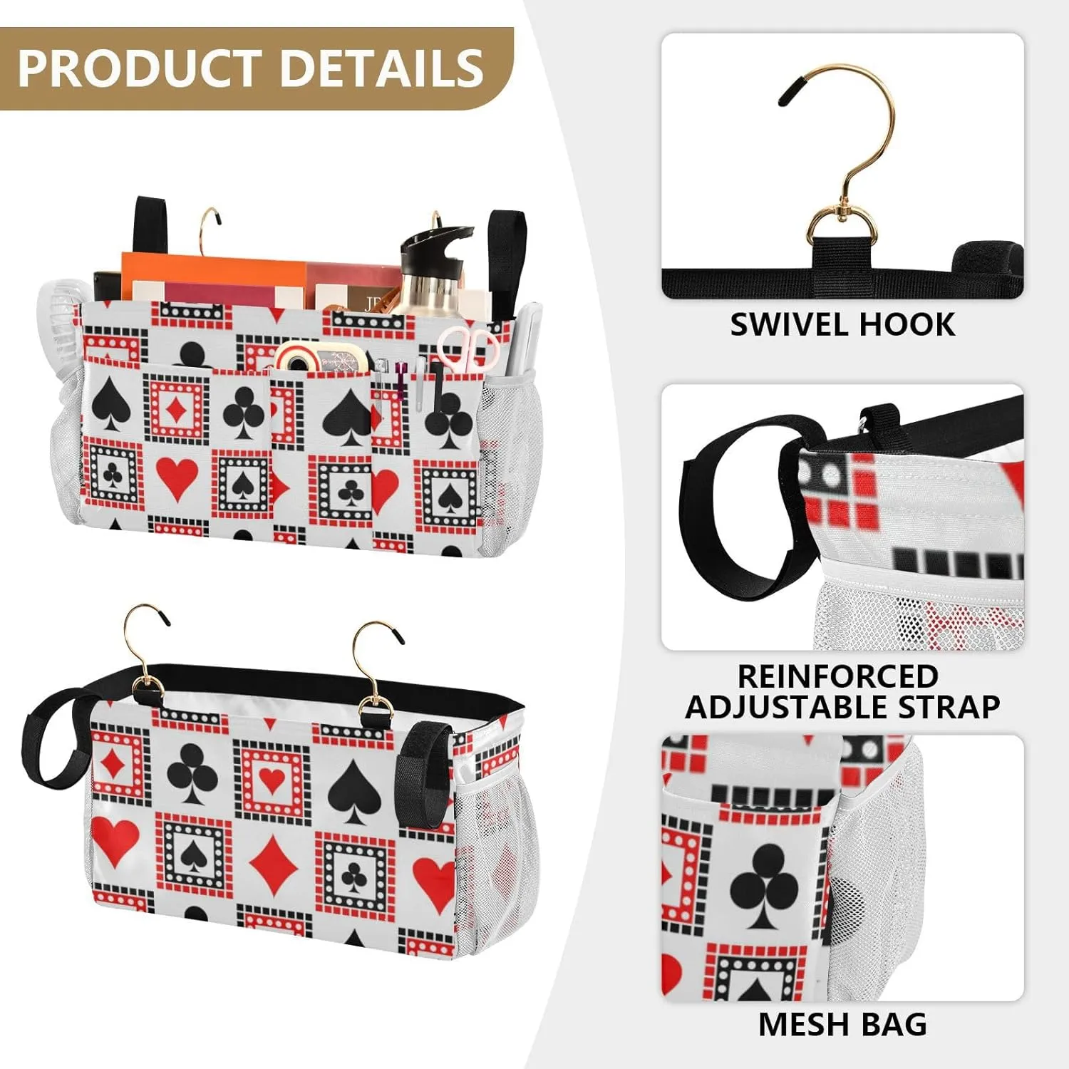 Playing Cards Bright Red Black White Symmetrical Geometric Iron Frame Bedside Hanging Bag Magazine Holders Bedside Bag with Hooks for Dorm Bed Bunk Bed 14.2 x 4.9 x 7.9 inch